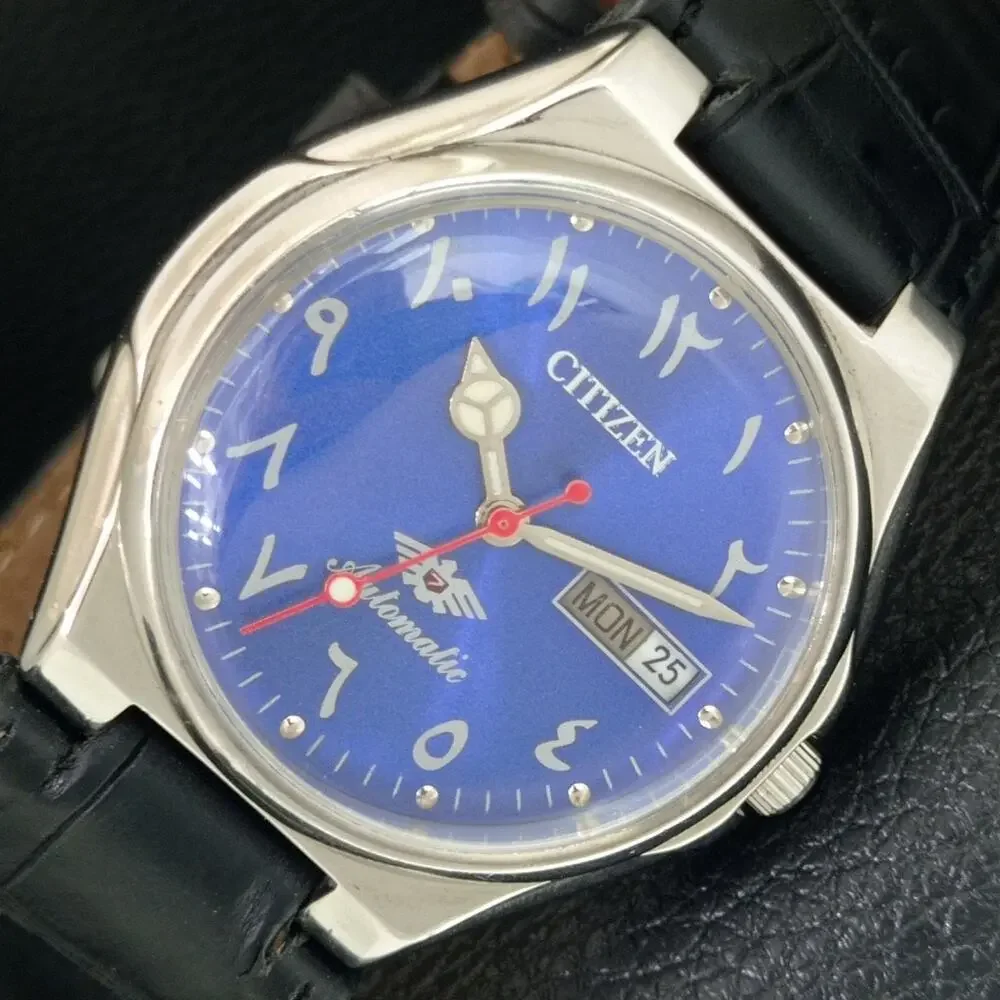 Vintage 1984 Citizen Automatic Mens Silver Watch W/daydate & Blue accents